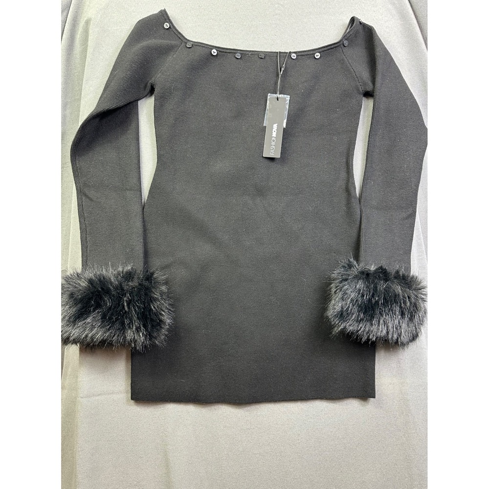 Fashion Nova So Purrfect Sweater Mini Dress Black Faux Fur Cuff XL KCCD3111101T